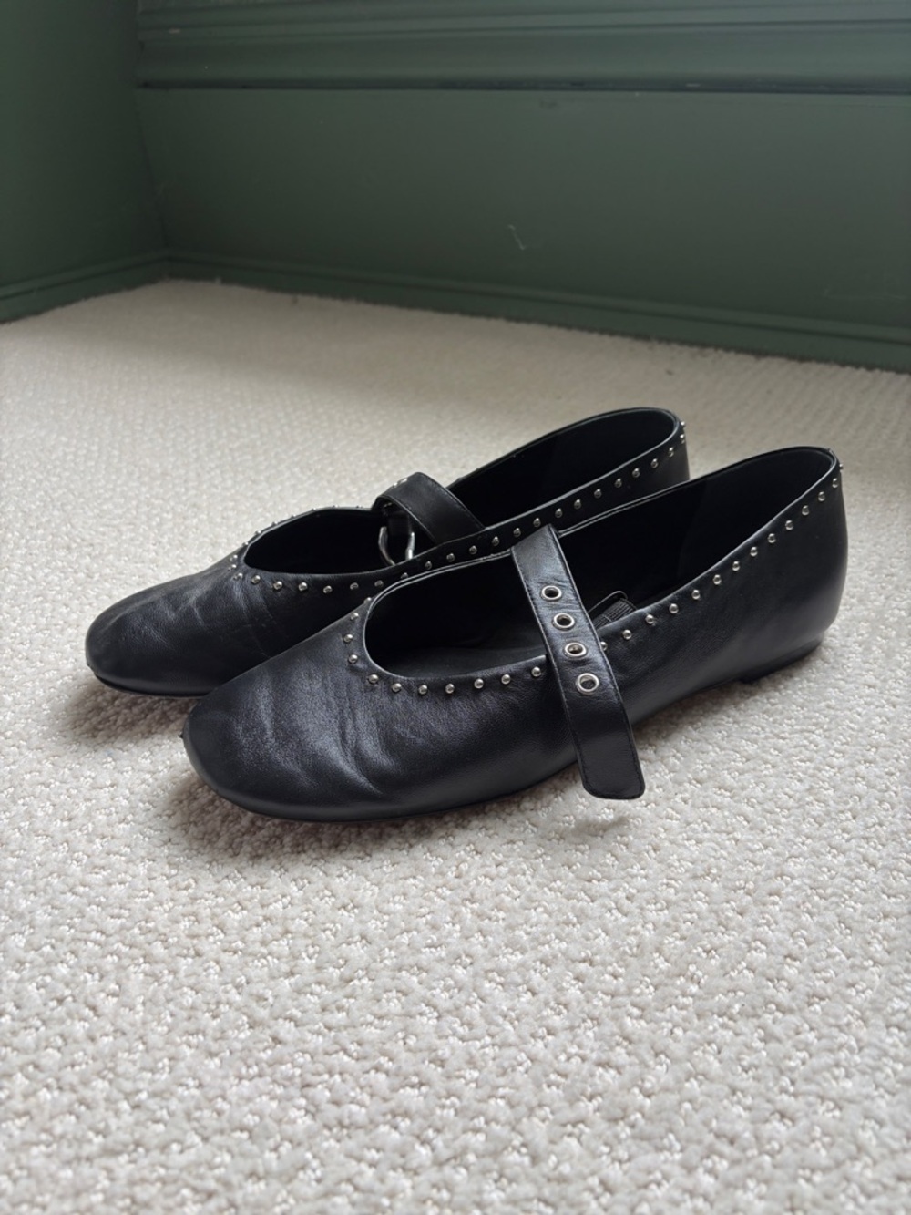 Reformation black leather strap flats